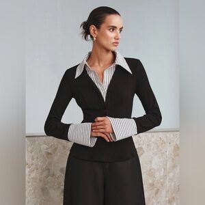 Commense Mock Two-Piece Long-Sleeve Two Tone Polo Top